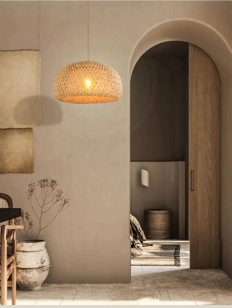 Lampe de chevet - Suspension Lanterne en Bambou Tressé Main - E27 - Style Chinois Lampadia