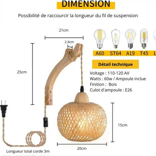 Lampe de chevet Applique murale "Natura" - L'artisanat rustique et chaleureux Lampa-dia