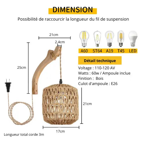 Lampe de chevet Applique murale "Natura" - L'artisanat rustique et chaleureux Lampa-dia