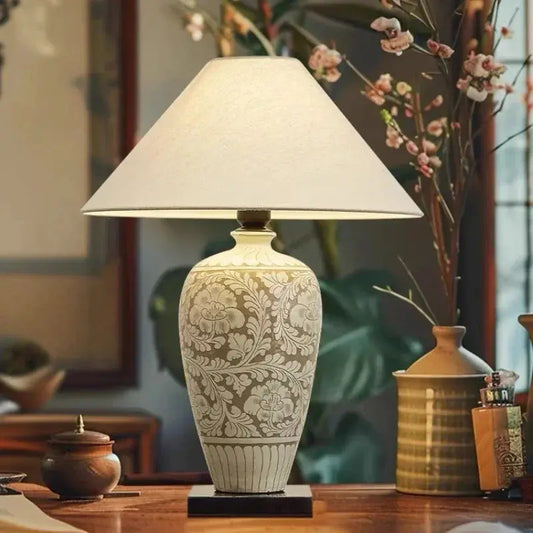 Lampe de chevet - Céramique Style Chinois Rétro - Abat-jour en Tissu, LED, E27, 90-220V, Chambre/Salon/Salle à Manger Lampadia