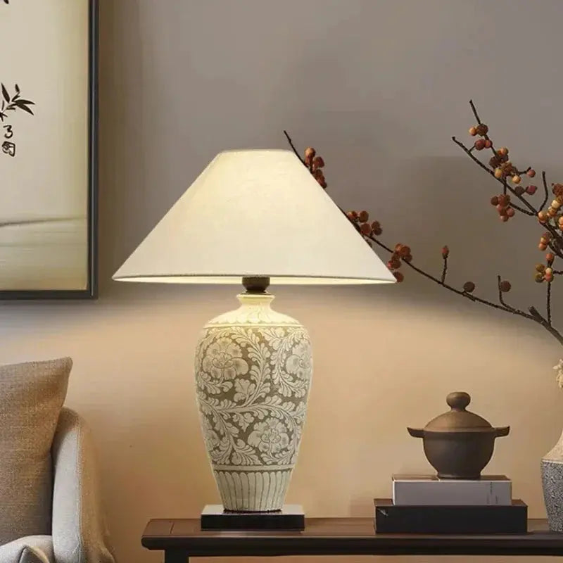 Lampe de chevet - Céramique Style Chinois Rétro - Abat-jour en Tissu, LED, E27, 90-220V, Chambre/Salon/Salle à Manger Lampadia