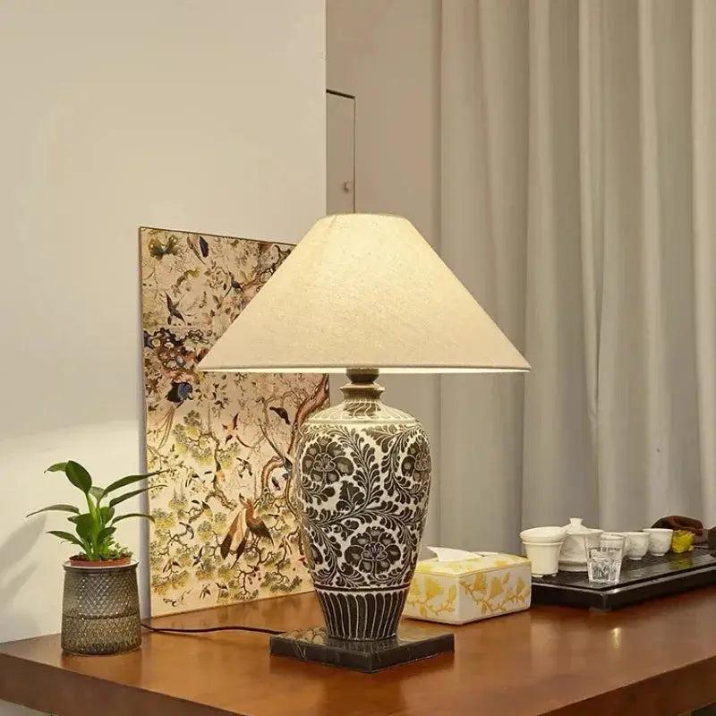 Lampe de chevet - Céramique Style Chinois Rétro - Abat-jour en Tissu, LED, E27, 90-220V, Chambre/Salon/Salle à Manger Lampadia