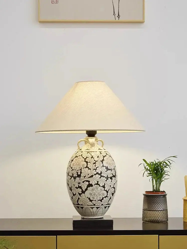 Lampe de chevet - Céramique Style Chinois Rétro - Abat-jour en Tissu, LED, E27, 90-220V, Chambre/Salon/Salle à Manger Lampadia
