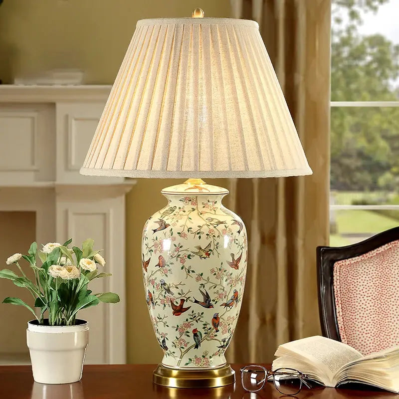 Lampe de chevet - Céramique - Style Chinois, Abat-jour en Tissu Plissé, E27 Lampadia