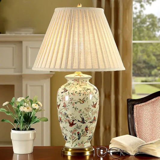 Lampe de chevet - Céramique - Style Chinois, Abat-jour en Tissu Plissé, E27 Lampadia