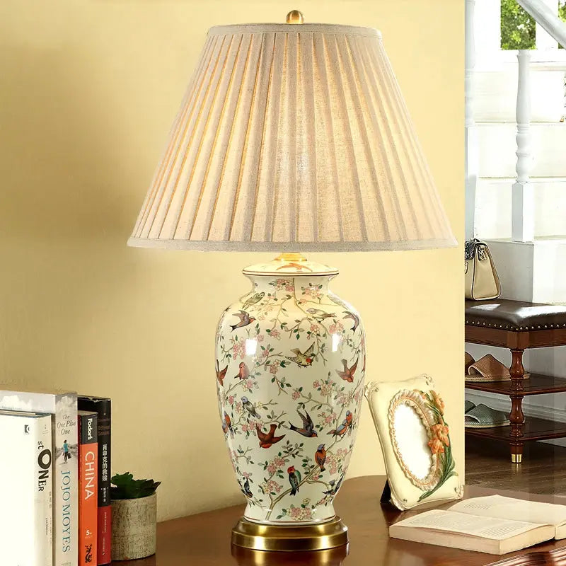 Lampe de chevet - Céramique - Style Chinois, Abat-jour en Tissu Plissé, E27 Lampadia