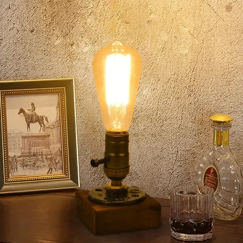 Lampe de chevet - Industrielle Rétro - Base en Bois et Fer, Douille E27, Style Edison, Décoration Intérieure Lampadia