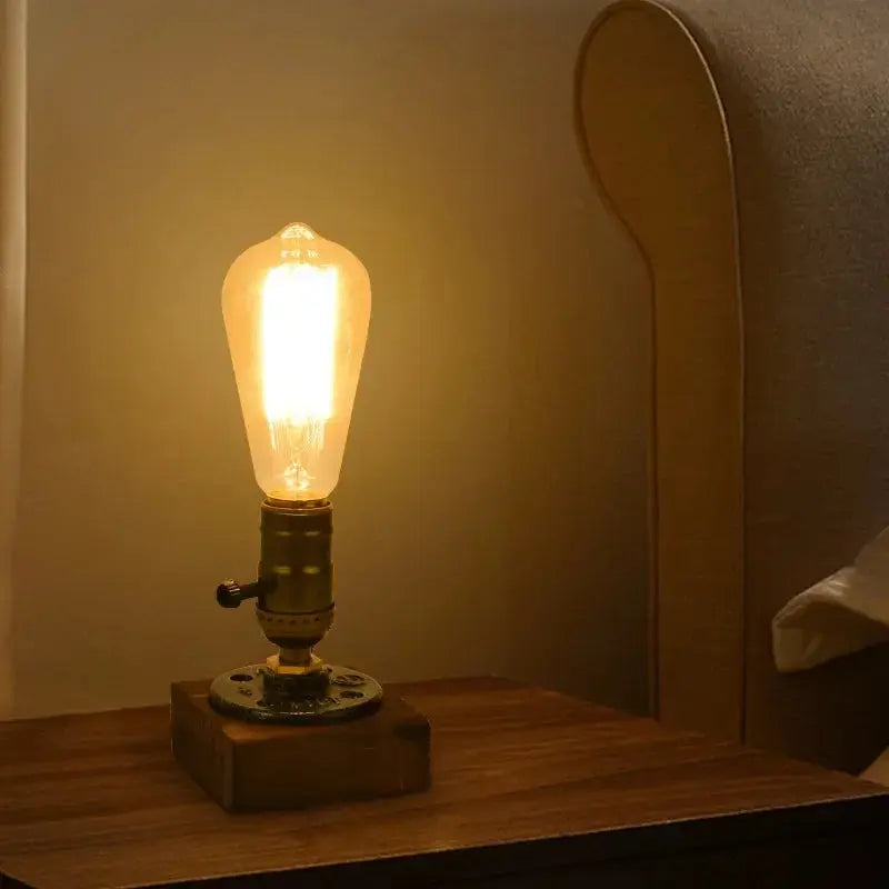 Lampe de chevet - Industrielle Rétro - Base en Bois et Fer, Douille E27, Style Edison, Décoration Intérieure Lampadia