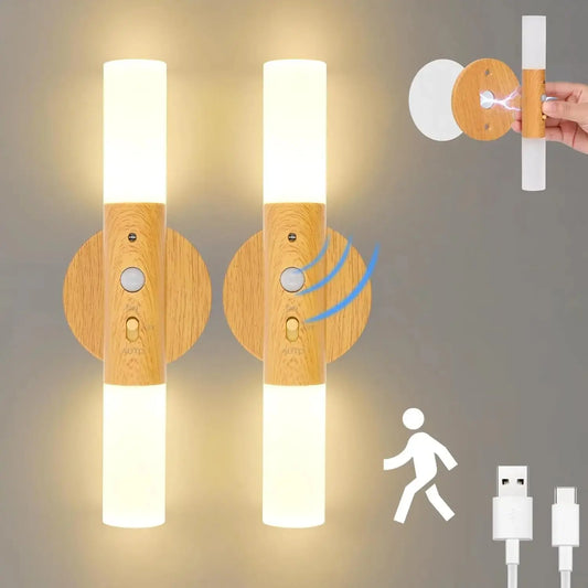 Lampe de chevet - Lot de 2 Appliques Murales Rechargeables USB - Détecteur de Mouvement, Bois, LED, 700mAh, Veilleuse Intérieure Lampadia