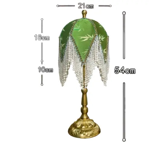 Lampe de chevet à Franges Rétro Française SANDYHA - Abat-jour en Tissu à Motifs Verts, Franges Perlées, Lampe de Chevet Chambre Princesse, Décoration de Salon Lampadia