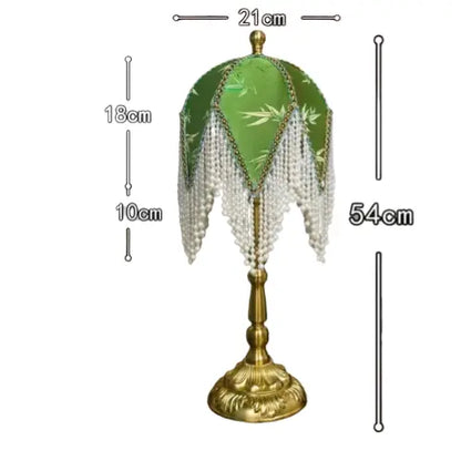Lampe de chevet à Franges Rétro Française SANDYHA - Abat-jour en Tissu à Motifs Verts, Franges Perlées, Lampe de Chevet Chambre Princesse, Décoration de Salon Lampadia