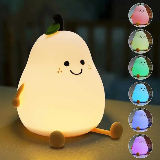 Night Lights for Kids Pear Shaped Cute Silicone Nightlight 7 Colors Dimmable Night Lamp USB Charging for Bedroom Bedside Room Lampadia